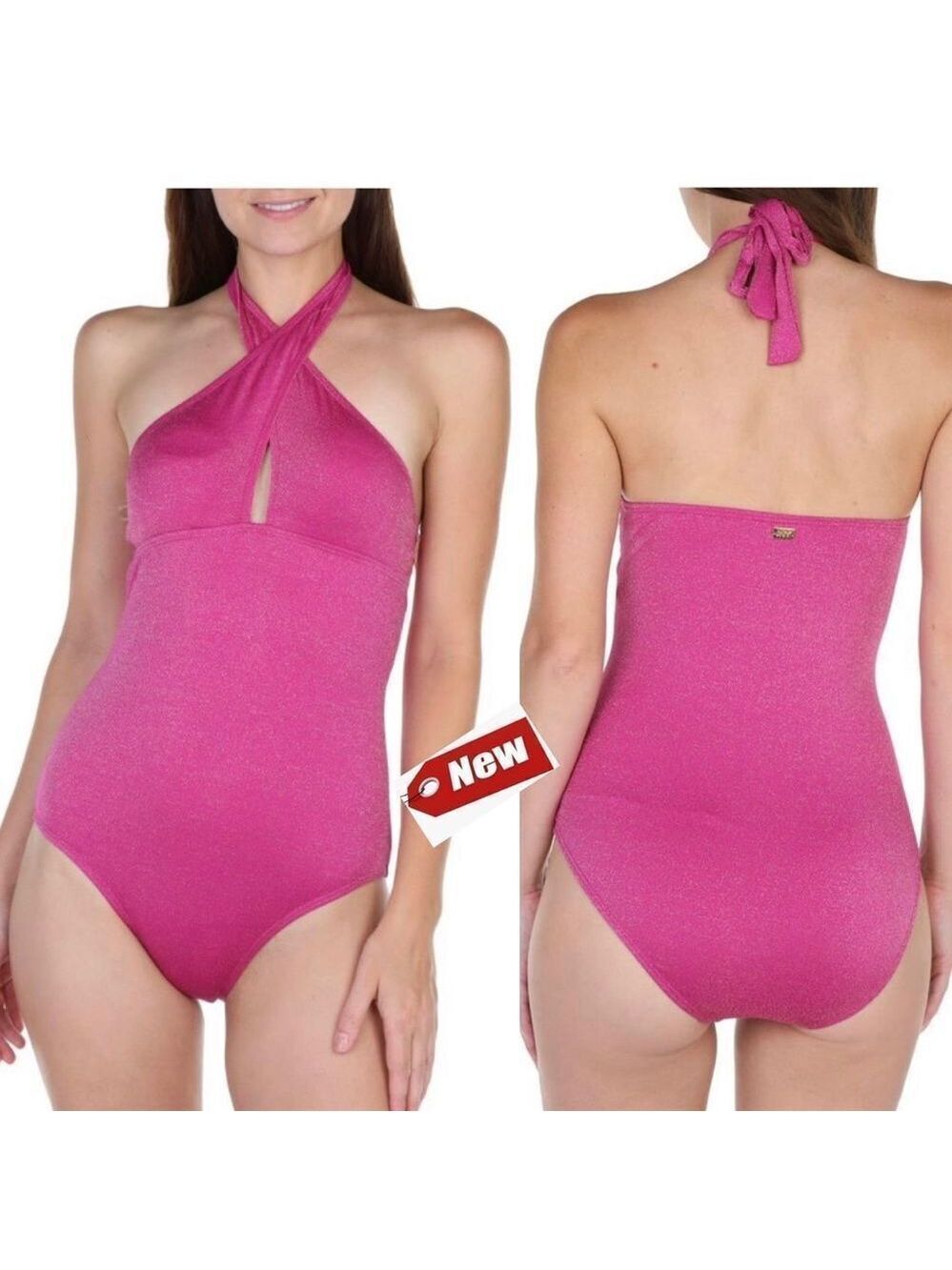 𝅺JONES New York Women's Solid Glitter One Piece Swimsuit Fuchsia Sz M NWT